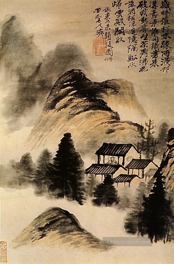 Shitao der Einsiedler Hütte in der Mitte des Tisches 1707 Chinesischer Kunst Ölgemälde